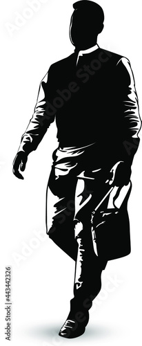 Black and white image of a man walking with a small bag vector illustration