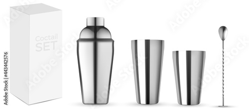 Bar kit set, Bottle For Cocktail mockup. Realistic mockup isolated. Cocktail shaker, hawthorne strainer, stirrer, metak muddler and jigger.