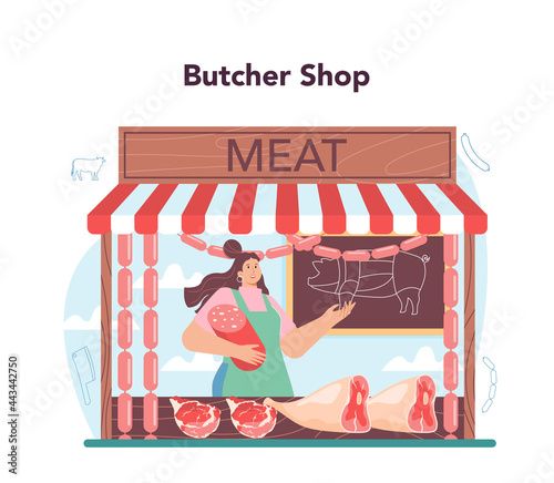 Butcher or meatman concept. Fresh meat and semi-finished products