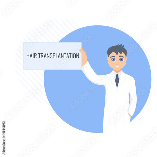 Alopecia concept. Male doctor holding hair transplantation board in his hand. Hair loss medical treatment design template. Vector flat illustration.