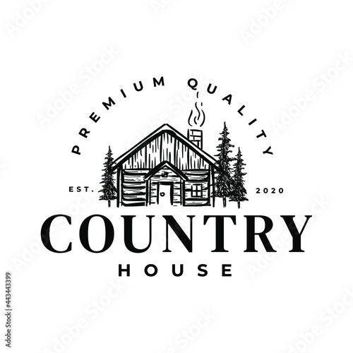 Rustic Cabin Wood Country Village With Pine Tree Vintage Drawing Logo Vector Illustration Template Icon Design