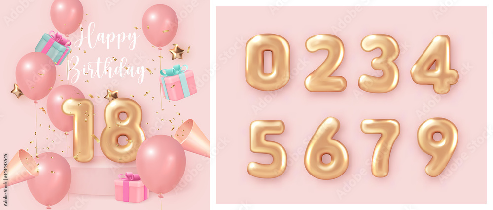 Elegant girlsih pink ballon Happy Birthday celebration present gift box party popper and set of golden numer text