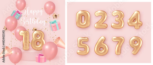 Elegant girlsih pink ballon Happy Birthday celebration present gift box party popper and set of golden numer text