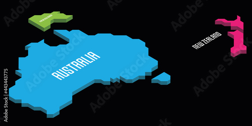 Isometric political map of Australia. Colorful land with country name labels on white background. 3D vector illustration