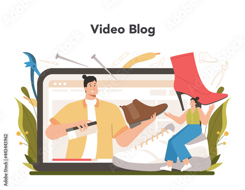 Shoemaker online service or platform. Craftsman wearing an apron