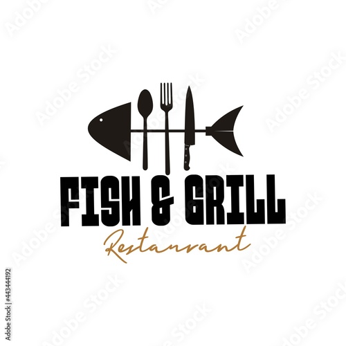 restaurant logo with bony fish icon. suitable for the identity of a grilled fish restaurant