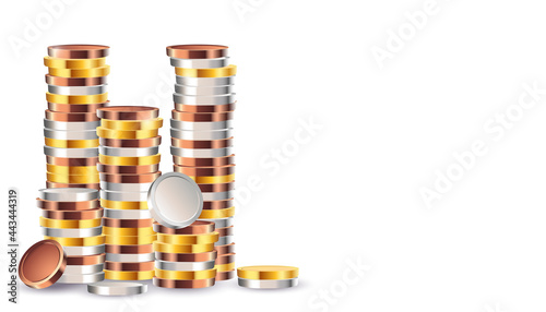 Realistic gold, silver, bronze coins on white background