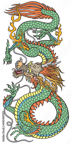 East Asia dragon. Traditional Chinese or Japanese mythological creature. Tattoo style vector illustration
