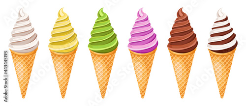 Ice cream collection.Sweet summer frozen dessert vector illustration. Set of different colorful scoops and waffle cone. Gelato in various flavors.Seasonal healthy food for takeout