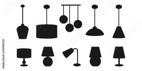 Set of icons with chandeliers and lamps. Table lamps and ceiling chandeliers. Design idea. Lighting. Vector graphics in a flat style.