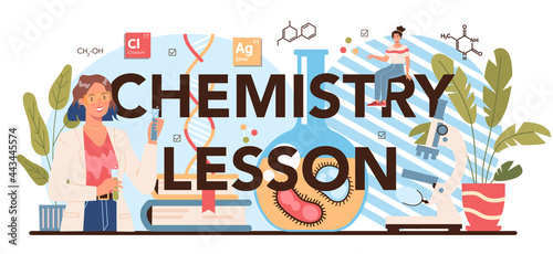 Chemistry lesson typographic header. Scientific experiment in the laboratory