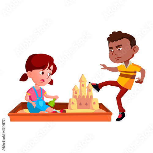 Aggressive Boy Destroying Girl Sandy Castle Vector. Angry Preteen Child Destroy Built Sandy Castle In Sandbox. Characters Breaking Fortress, Bullying And Aggression Flat Cartoon Illustration