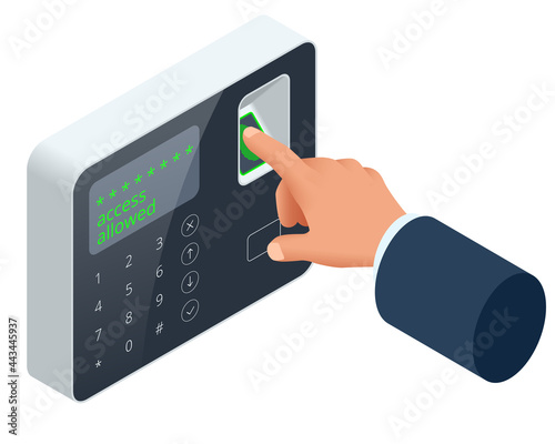 Isometric Finger print scan for enter security system, Biometric access control. Digital touch scan identification or electronic sensor authentication.