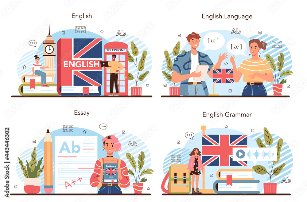 Obraz premium English class concept set. Study foreign languages in school or university