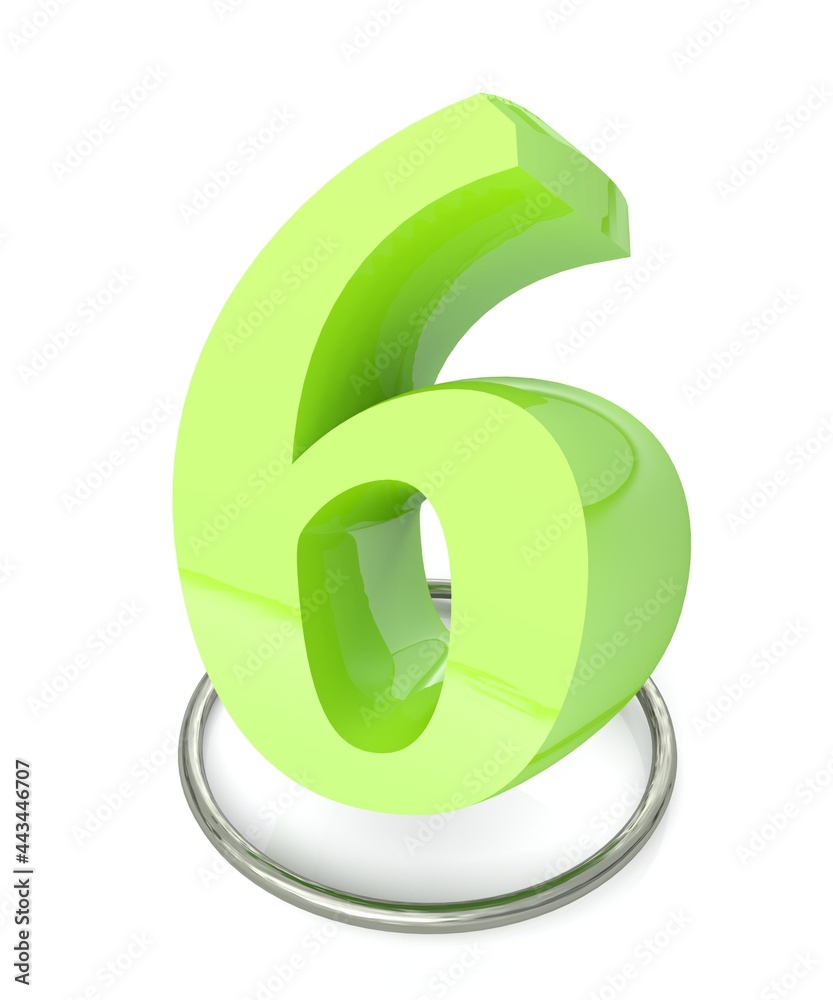 Fototapeta premium Number 6 green over metallic circle on white background - 3D rendering illustration