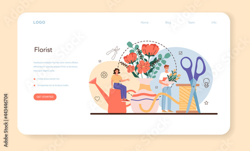 Florist web banner or landing page. Floral designer making bouquet