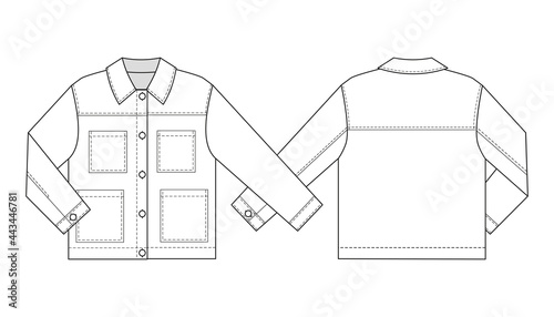 Fashion technical drawing of casual oversized denim jacket with pockets
