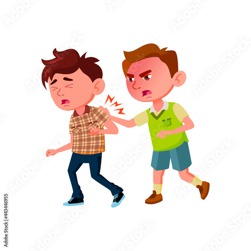 Aggressive Boy Kicking Classmate In School Vector. Angry Schoolboy Kicking Child, Conflict And Fighting. Characters Bullying Problem And Aggression Behavior Flat Cartoon Illustration