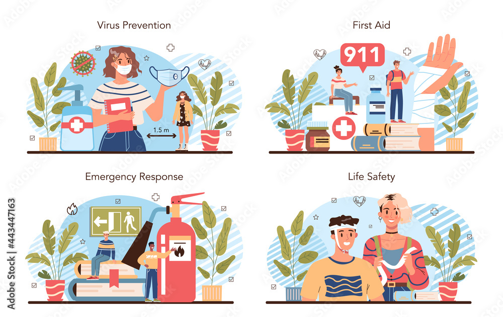 Healthy lifestyle class set. Idea of life safety and health care education Healthy lifestyle class set. Idea of life safety and health care education