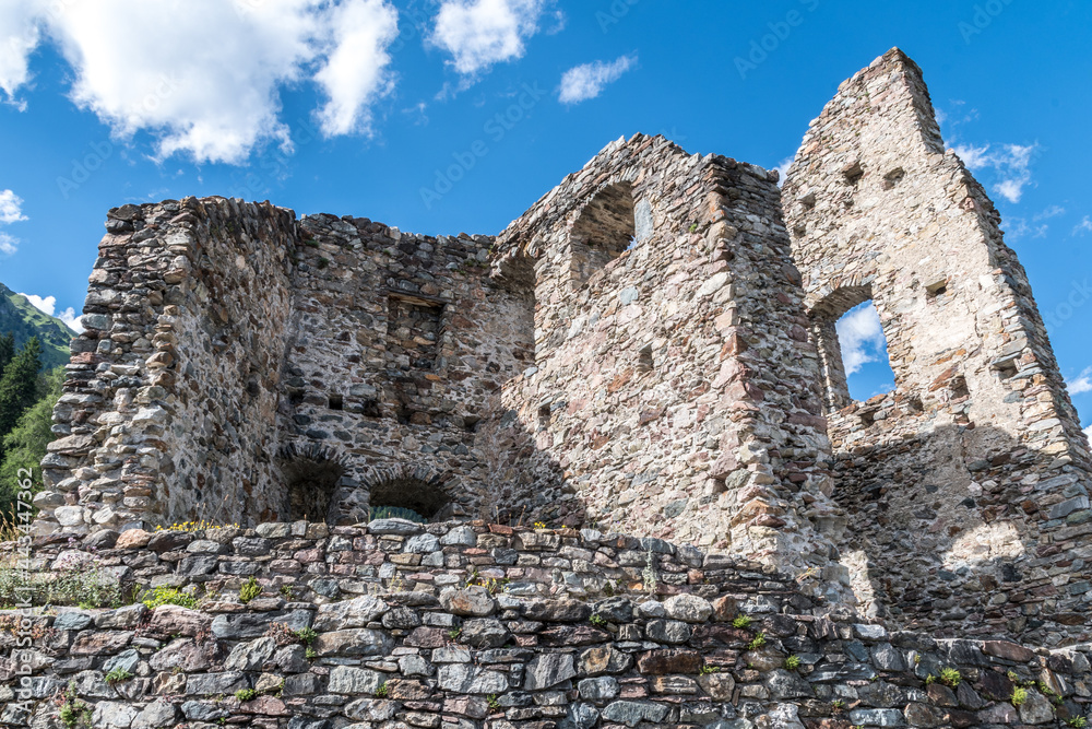 Ruins of the medieval Castle of Altaguardia owned by the The Thun und Hohenstein family. It is the most elevated castle in Europe. Val di Non, Trentino, Italy