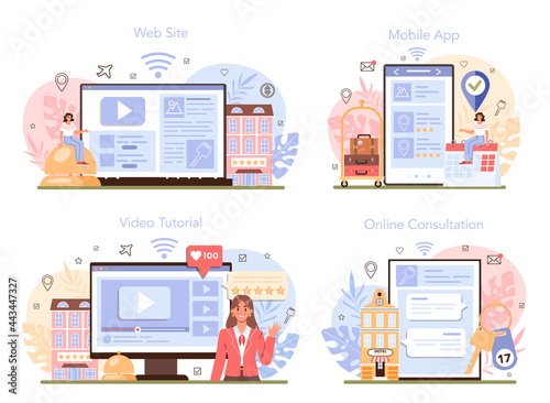 Booking a hotel online service or platform set. Booking apartment