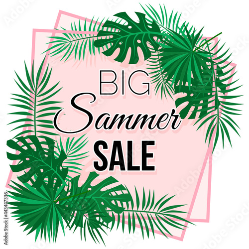 Summer sale banner with palm leaves and black lettering. Pink squares background. Vector illustration. © Iryna Kuzmych