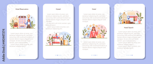 Booking a hotel mobile application banner set. Traveling and tourism planning