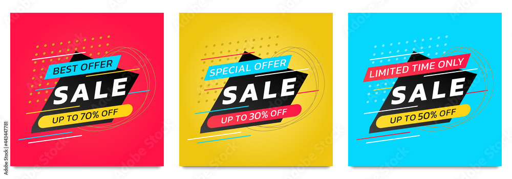 Sale banner or poster set. Modern discount card design template for promotion and social media advertising. Special offer, price off layout with abstract geometric shapes. Vector illustration.