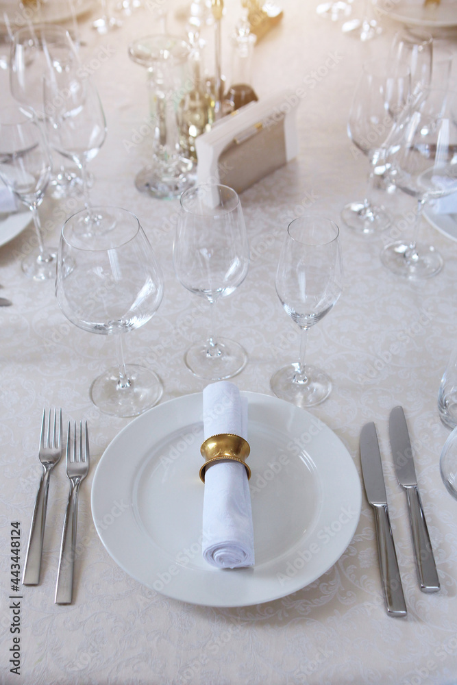 Festive table setting.Napkins made of cotton with brass rings. The concept of holidays.Wine glasses on the table. White plates. VIP lounge.White tablecloth with a textured pattern. Out of focus. Festive table setting.Napkins made of cotton with brass rings. The concept of holidays.Wine glasses on the table. White plates. VIP lounge.White tablecloth with a textured pattern. Out of focus.