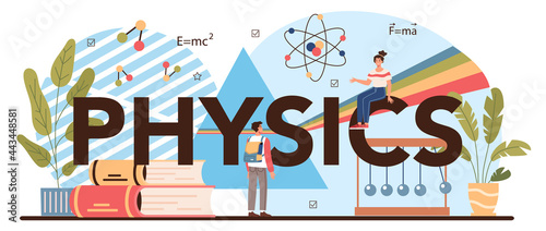 Physics school subject typographic header. Students explore electricity