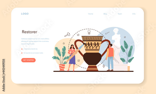 Professional restorer web banner or landing page. Artist restores an ancient