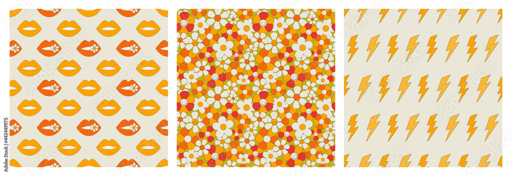 A set of seamless patterns in the hippie style. Pattern with flowers, lips, and lightning bolts. Vector illustration of retro patterns of the 70s