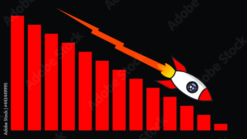 Crypto Crash vector rocket illustration. Bitcoin price collapsed, cryptocurrency price volatility roared fast and fell. Crypto loss. High risk cryptocurrency investment. Crypto market downturn. fall 