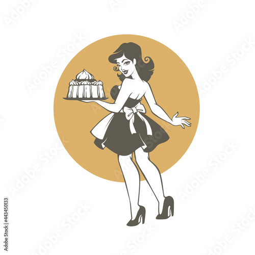 beauty retro pinup cartoon girl holding a delicious tasty cake, for your logo, label, emblem
