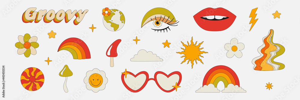 Clipart of the 70s. Hippie style. Vector illustrations in simple linear style. Rainbows, flowers, abstractions, mushrooms, psychedelic style.