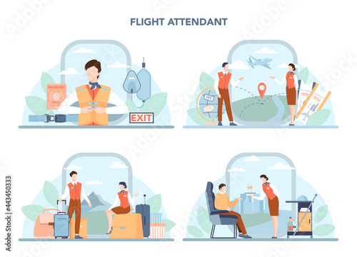Stewardess concept set. Flight attendants help passenger in airplane