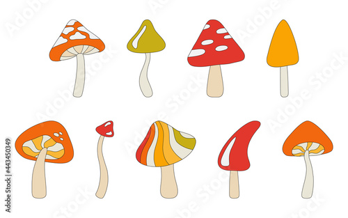 A set of mushrooms in the style of the 70s. Psychedelic abstract mushrooms, hippie style. Vector illustration isolated on a white background.