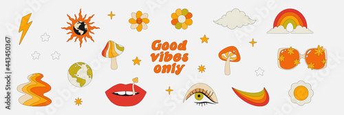 Clipart of the 70s. Hippie style. Vector illustrations in simple linear style. Rainbows, flowers, abstractions, mushrooms, psychedelic style.