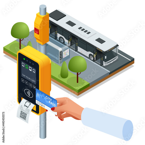 Isometric hand using paper smart card ticket to pay money for transportation at payment kiosk stand. E-ticket paper for traveler. Yellow validator