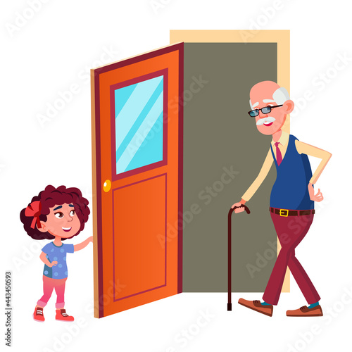 Girl Child Opening Door For Grandfather Vector. Polite Preteen Granddaughter Help Elderly Man And Open Door. Characters Good Manners And Helping Old People Flat Cartoon Illustration