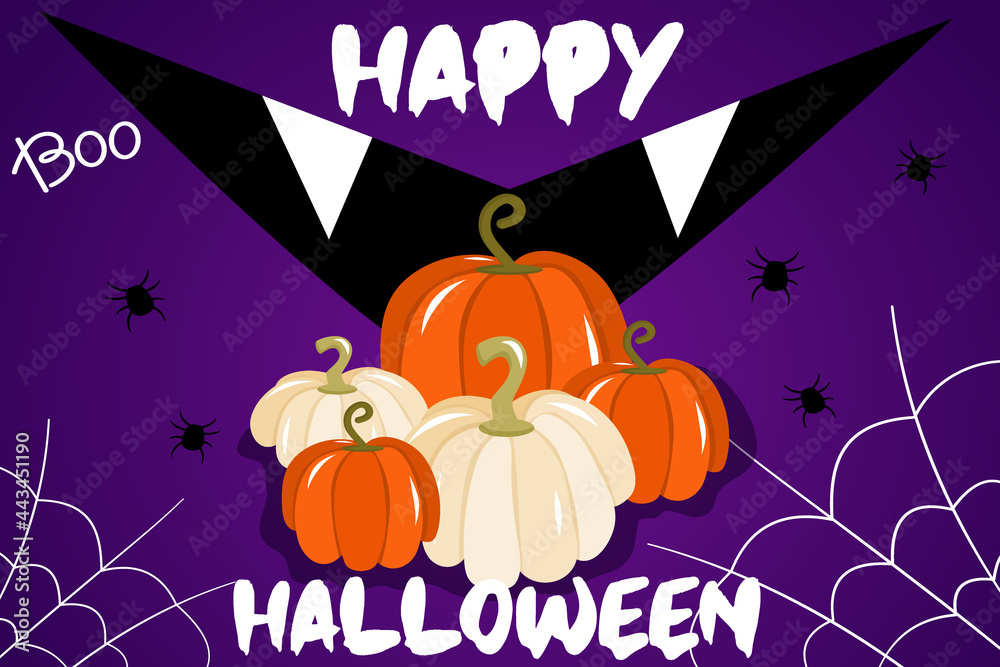 Vector illustration with a banner for Halloween or an invitation to a party with cobwebs, pumpkins and a sinister mouth on a purple background. Happy test for Halloween, a traditional autumn holiday.