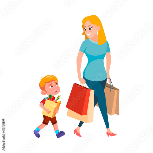 Boy Child Help Woman Carrying Shopping Bag Vector. Polite Son Kid Help Mother Carry Shopping Bag Packages With Grocery Food, Infant With Good Manners. Characters Flat Cartoon Illustration