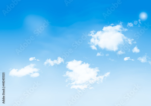 Clear blue sky with white and fluffy clouds.