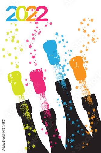 Silhouettes of bottles spouting sparkling wine to celebrate two thousand twenty-two