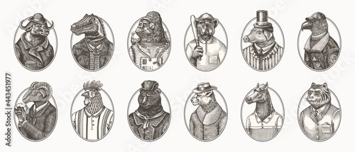 Gorilla monkey astronaut. Eagle aviator pilot Rooster Dinosaur Pig Tiger Bear Sheep Buffalo Bull Horse Cheetah. Dog bulldog baseball tennis player. Fashion animal character. Hand drawn vintage sketch.