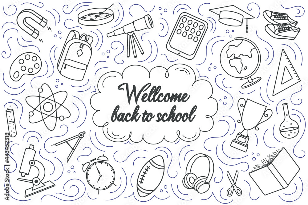 Welcome back to school banner. Set of school icons.