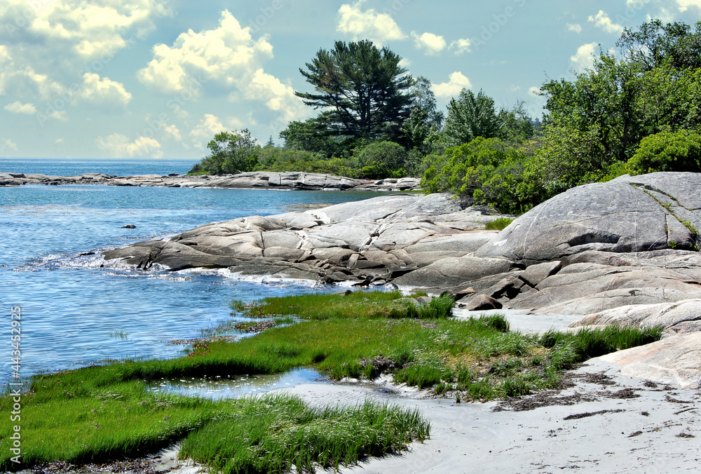 Tranquil summer scene in coastal Maine. View of small sand beach and