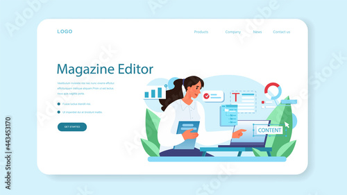 Magazine editor web banner or landing page. Journalist and designer working