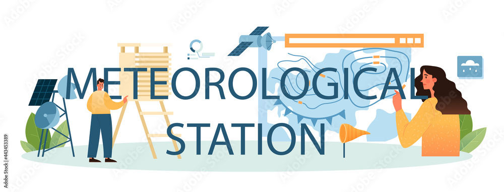 Meteorological station typographic header. Weather forecaster studying Meteorological station typographic header. Weather forecaster studying