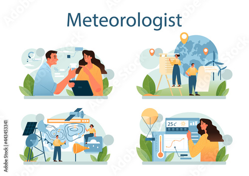 Meteorologist concept set. Weather forecaster studying and researching photo